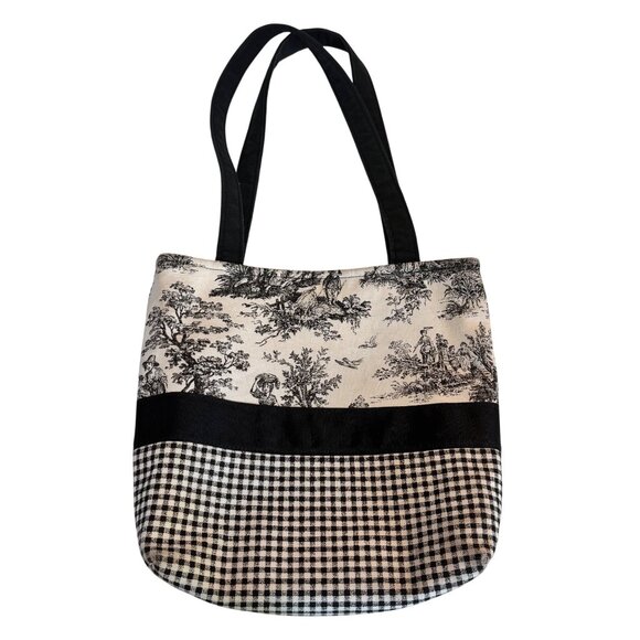 B's Handbags - B’s Black & White Toile Print Tote Bag Gingham Design & Black Accent Dual Straps